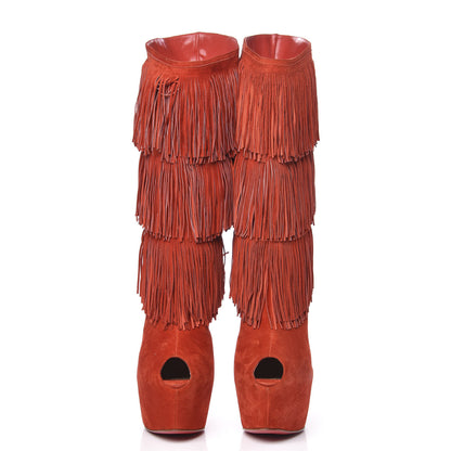 Christian Louboutin Suede Highness Tina Fringe Platform Peep Toe Boots 41 Red Brick 2 of 9