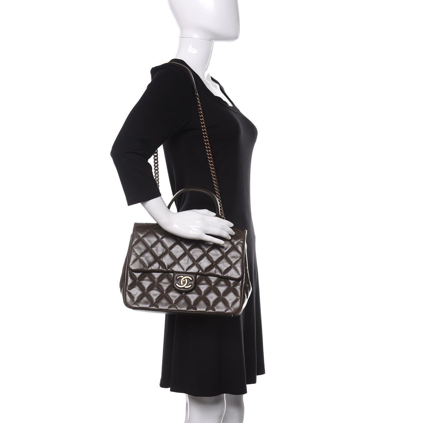 Glazed Calfskin Quilted Large Gold Bar Top Handle Flap Dark Grey