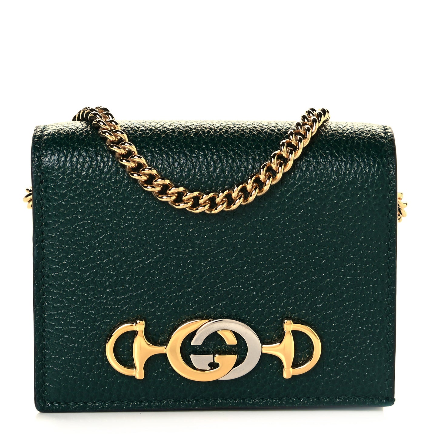 Grainy Calfskin Zumi Chain Card Case Wallet Vintage Green
