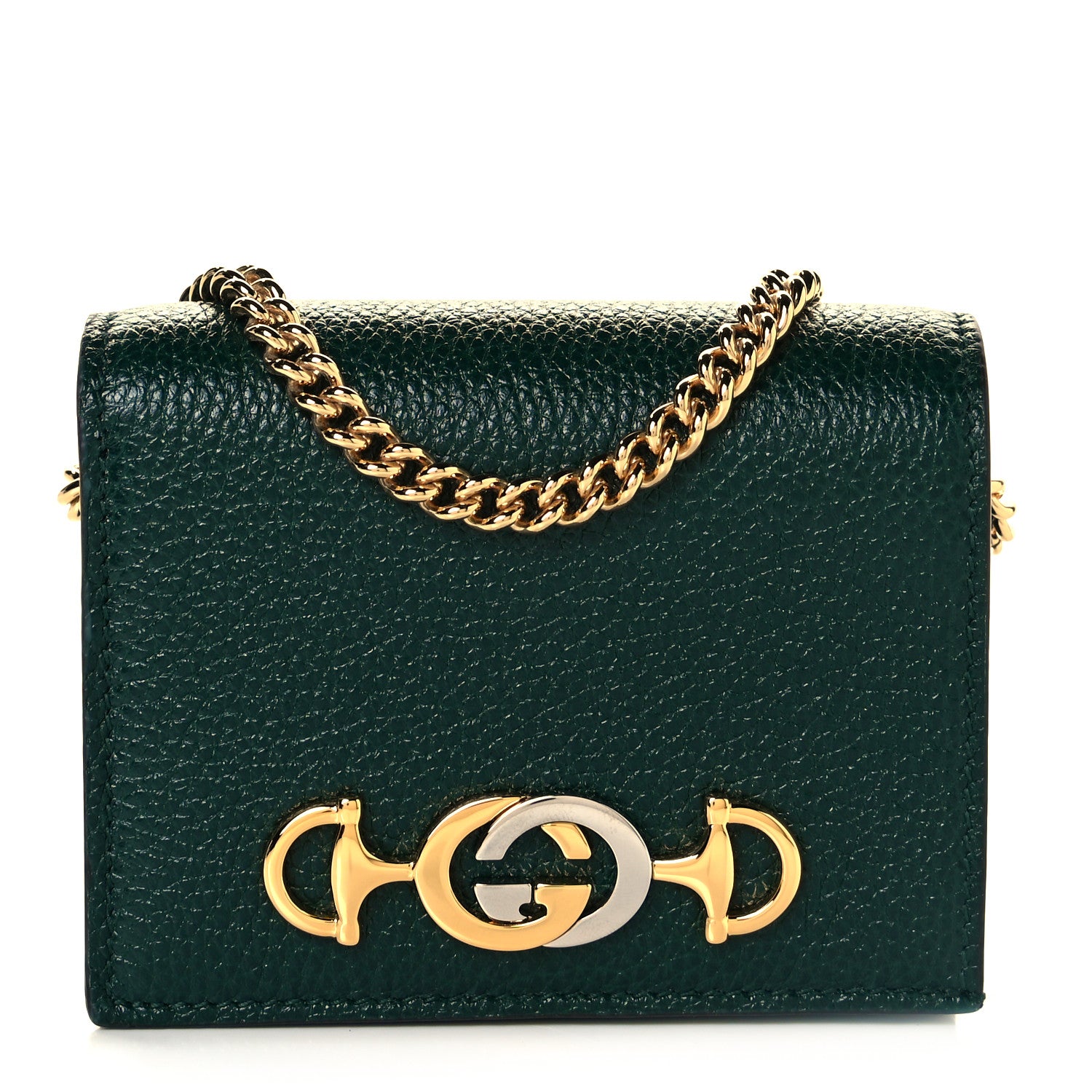 Gucci Grainy Calfskin Zumi Chain Card Case Wallet Vintage Green 1 of 8