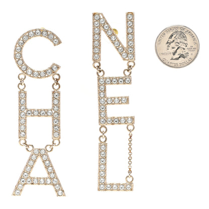 Chanel Crystal Cha-Nel Logo Drop Earrings Gold 2 of 5
