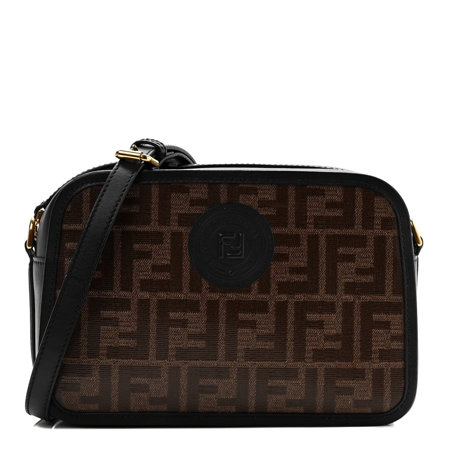 Fendi Glazed Fabric Vitello Century FF 1974 Stamp Patch Camera Case Mogano Panna Black 1 of 10