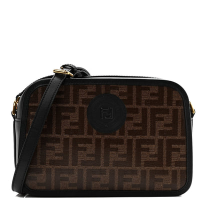 Fendi Glazed Fabric Vitello Century FF 1974 Stamp Patch Camera Case Mogano Panna Black 1 of 10