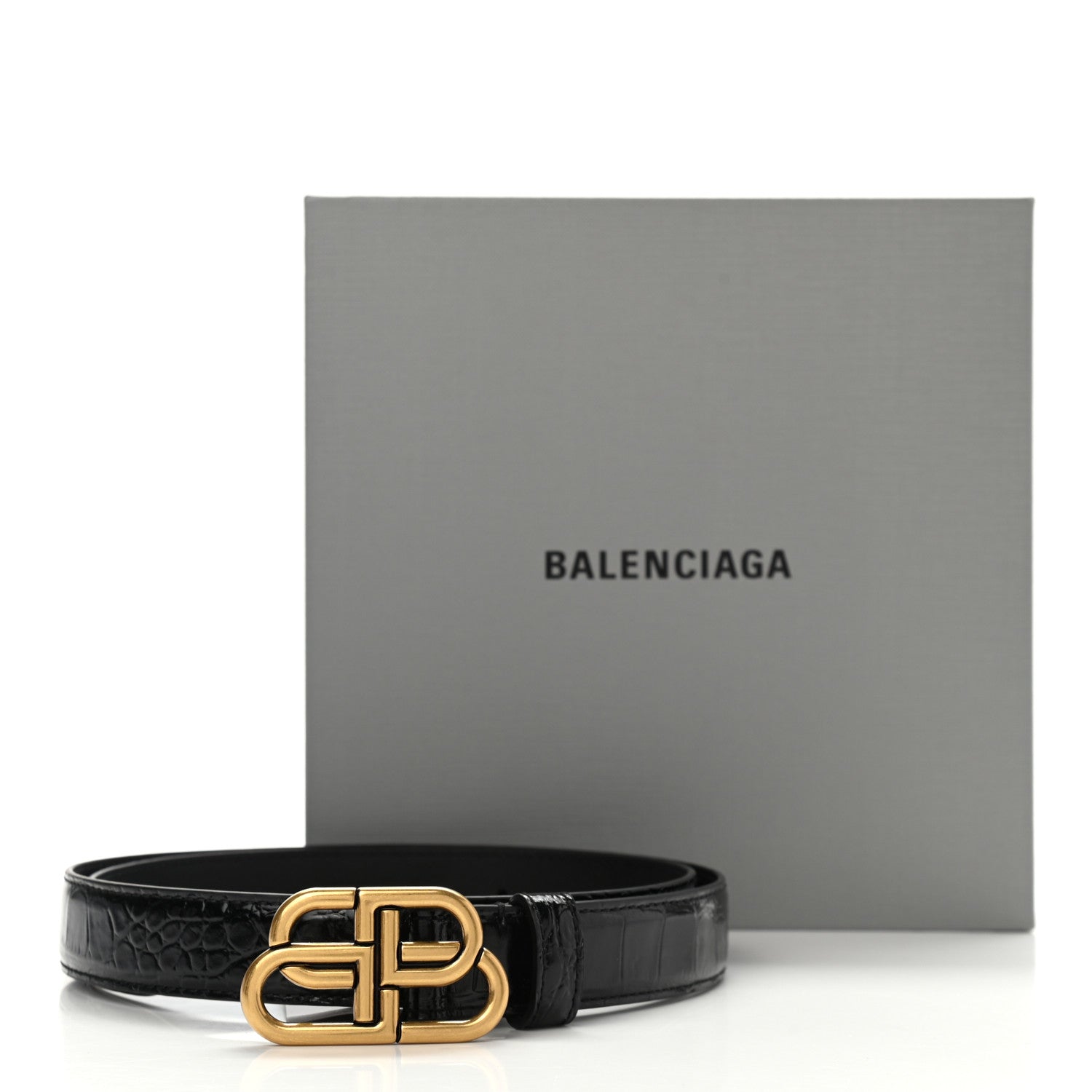Balenciaga Shiny Calfskin Crocodile Embossed BB 25mm Thin Belt 80 32 Black 6 of 6