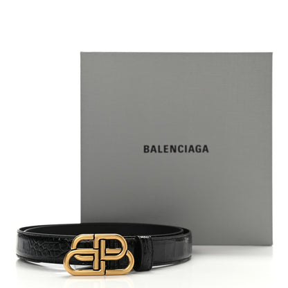 Balenciaga Shiny Calfskin Crocodile Embossed BB 25mm Thin Belt 80 32 Black 6 of 6