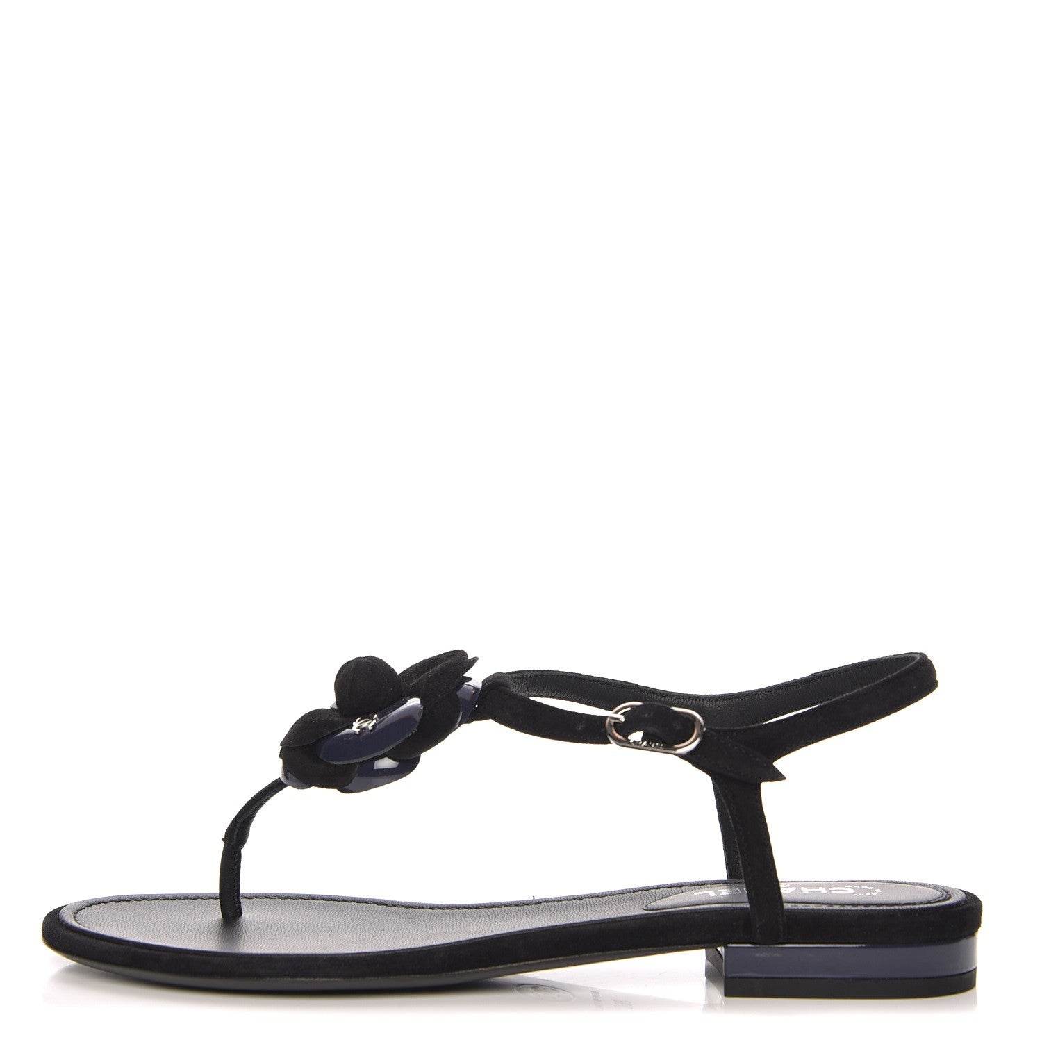 Chanel Suede Patent Calfskin Camellia Thong Sandals 36 Black 1 of 9