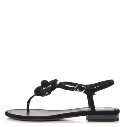 Chanel Suede Patent Calfskin Camellia Thong Sandals 36 Black 1 of 9