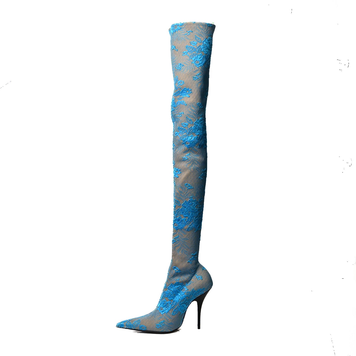 Lace Spandex Pointed Toe Knife Thigh High Boots 37 Blue Beige