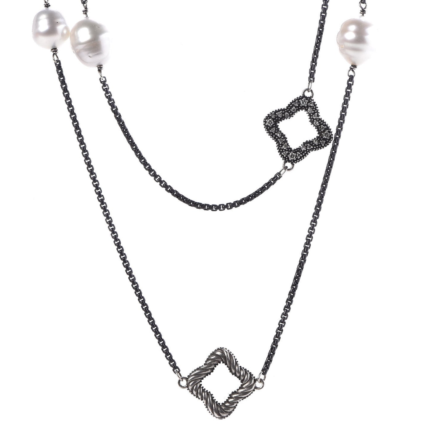 Darkened Sterling Silver South Sea Pearl Diamond Quatrefoil Necklace