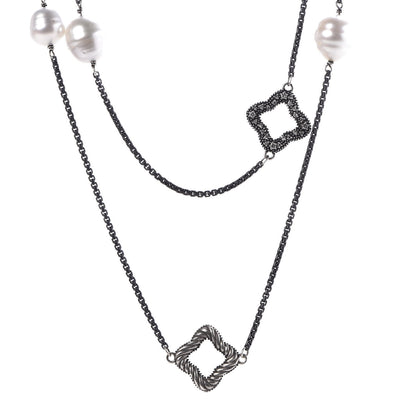 David Yurman Darkened Sterling Silver South Sea Pearl Diamond Quatrefoil Necklace 4 of 6