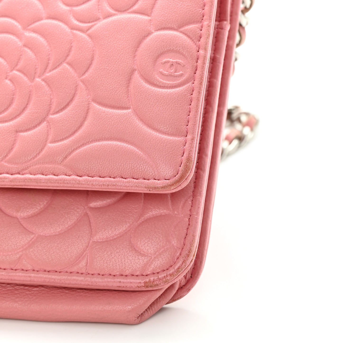 Lambskin Camellia Embossed Wallet On Chain WOC Pink