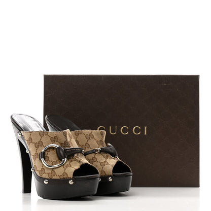 Gucci Monogram Cellarius Soft Calfskin Icon Bit Platform High Heel Slides 38 Beige Ebony Cocoa 8 of 8