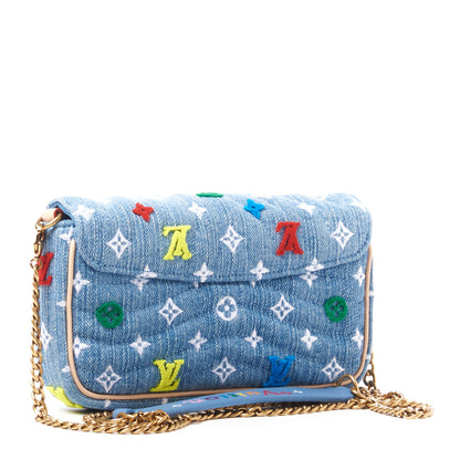 Louis Vuitton Embroidered Monogram Denim New Wave Chain Pochette Blue 3 of 9