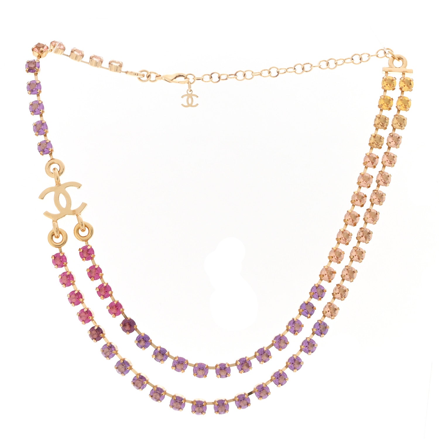 Chanel Crystal Multi Strand CC Short Necklace Gold Pink Orange Purple Yellow 3 of 6