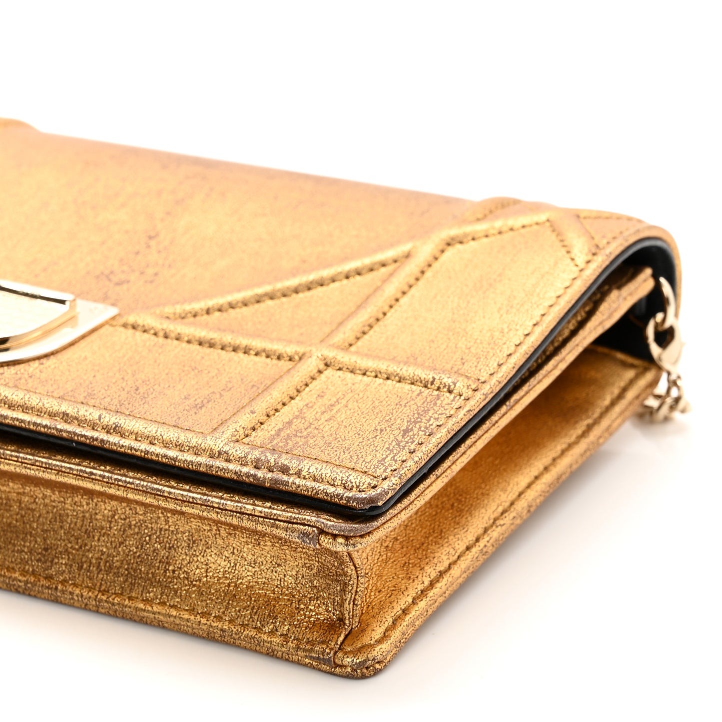 Metallic Brushed Calfskin Diorama Wallet on Chain Pouch Gold