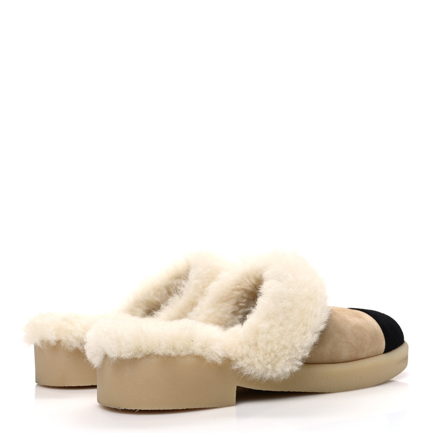 Chanel Suede Shearling CC Cap Toe Mules 41 Beige Black 5 of 10