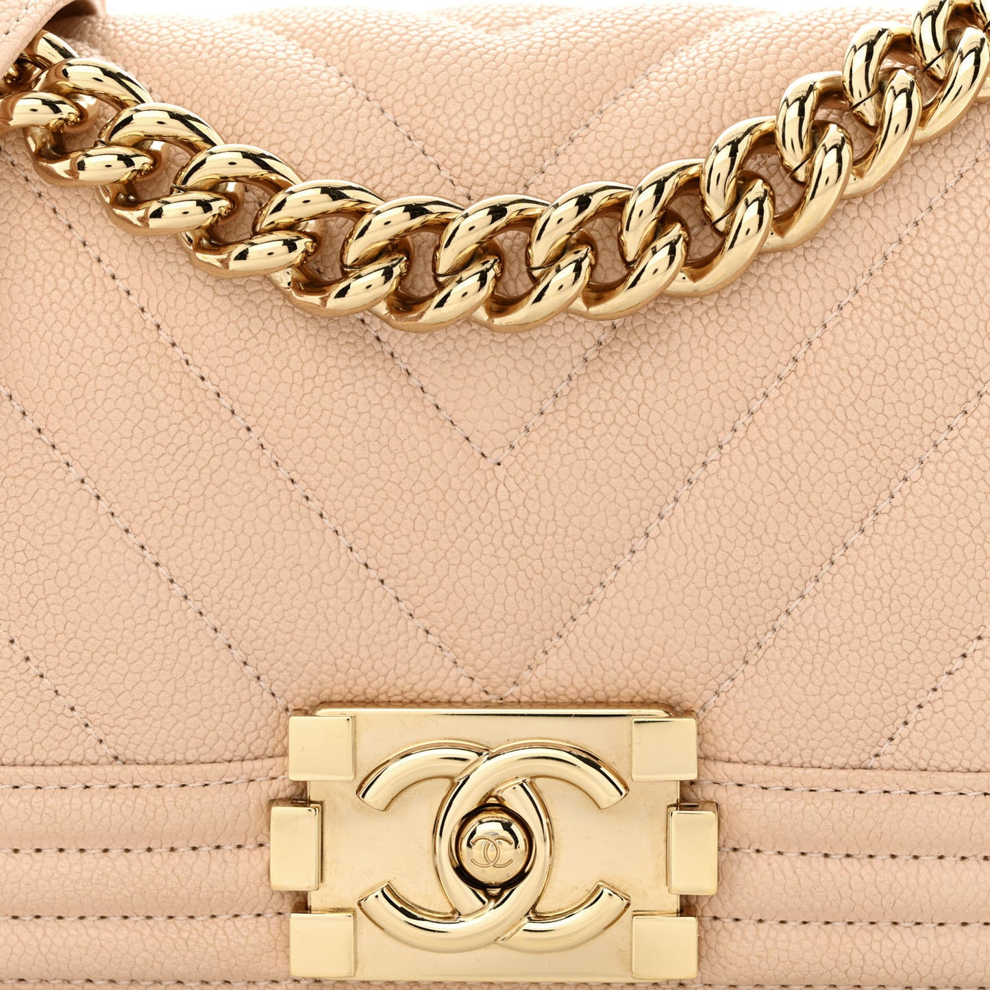 Caviar Chevron Quilted Small Boy Flap Light Beige