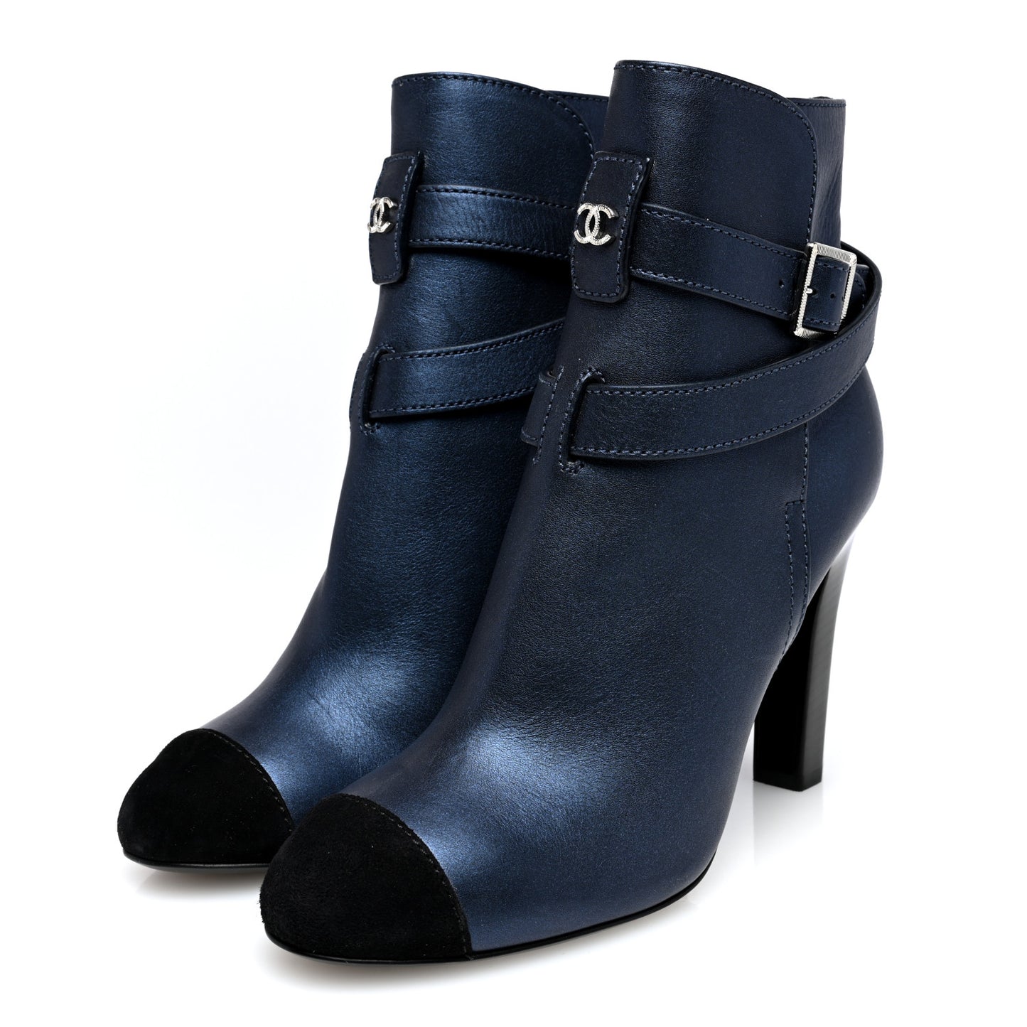 Calfskin Suede Cap Toe CC Short Boots 40 Navy Black