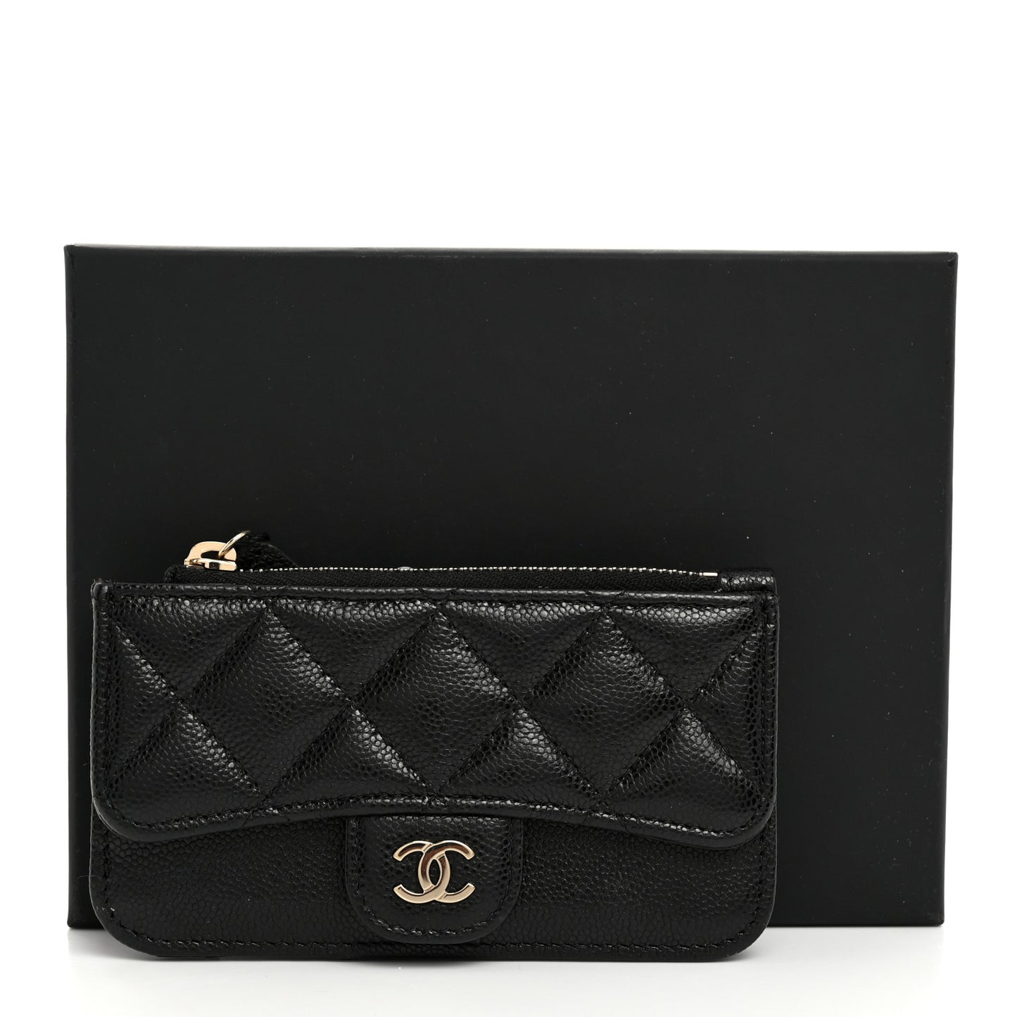 Caviar Quilted Flap Zip Card Holder Black