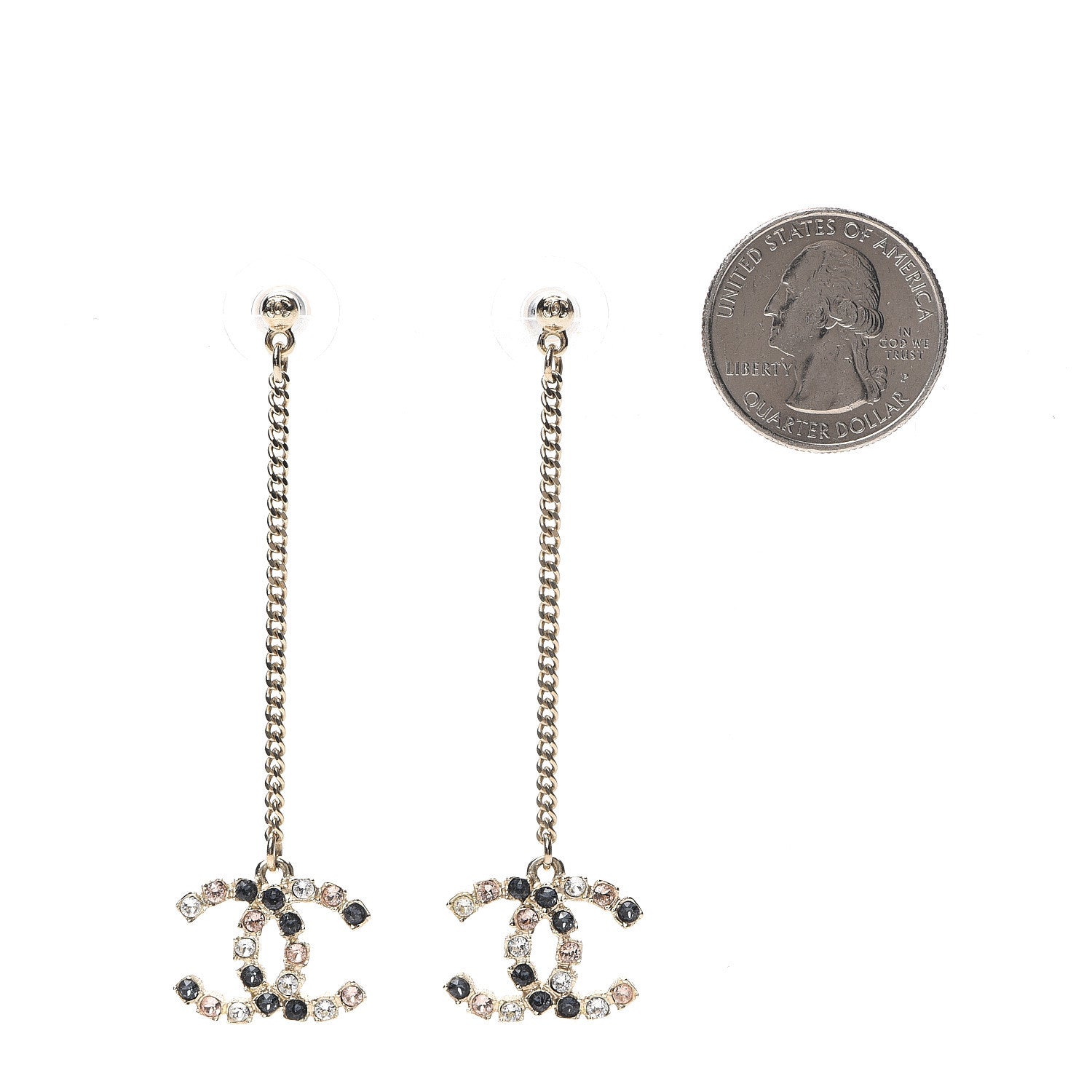 Chanel Crystal CC Drop Earrings Pink Grey Gold 2 of 5