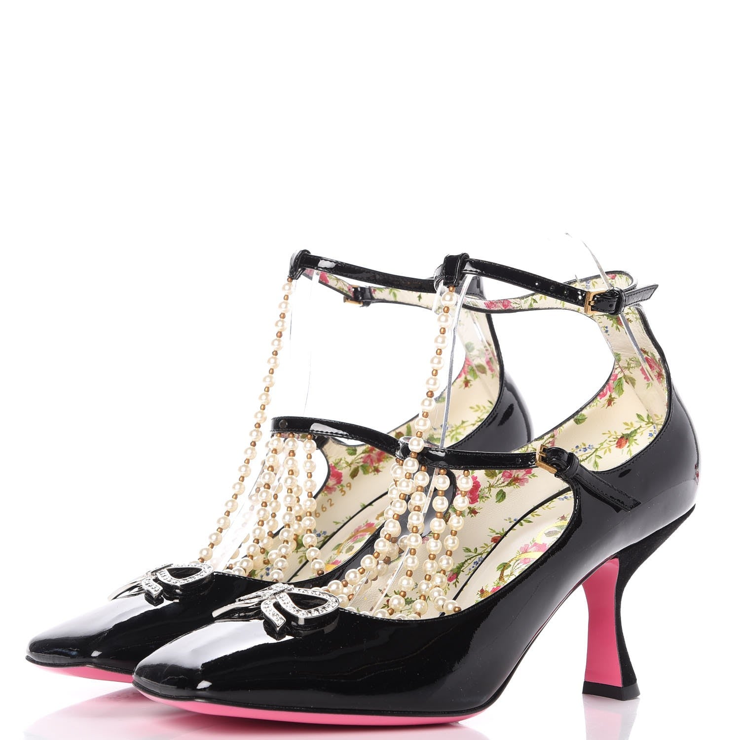Gucci Patent Pearl Taide T-Strap Mid Heel Pumps 39 Black 3 of 10