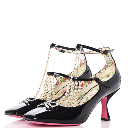 Gucci Patent Pearl Taide T-Strap Mid Heel Pumps 39 Black 3 of 10