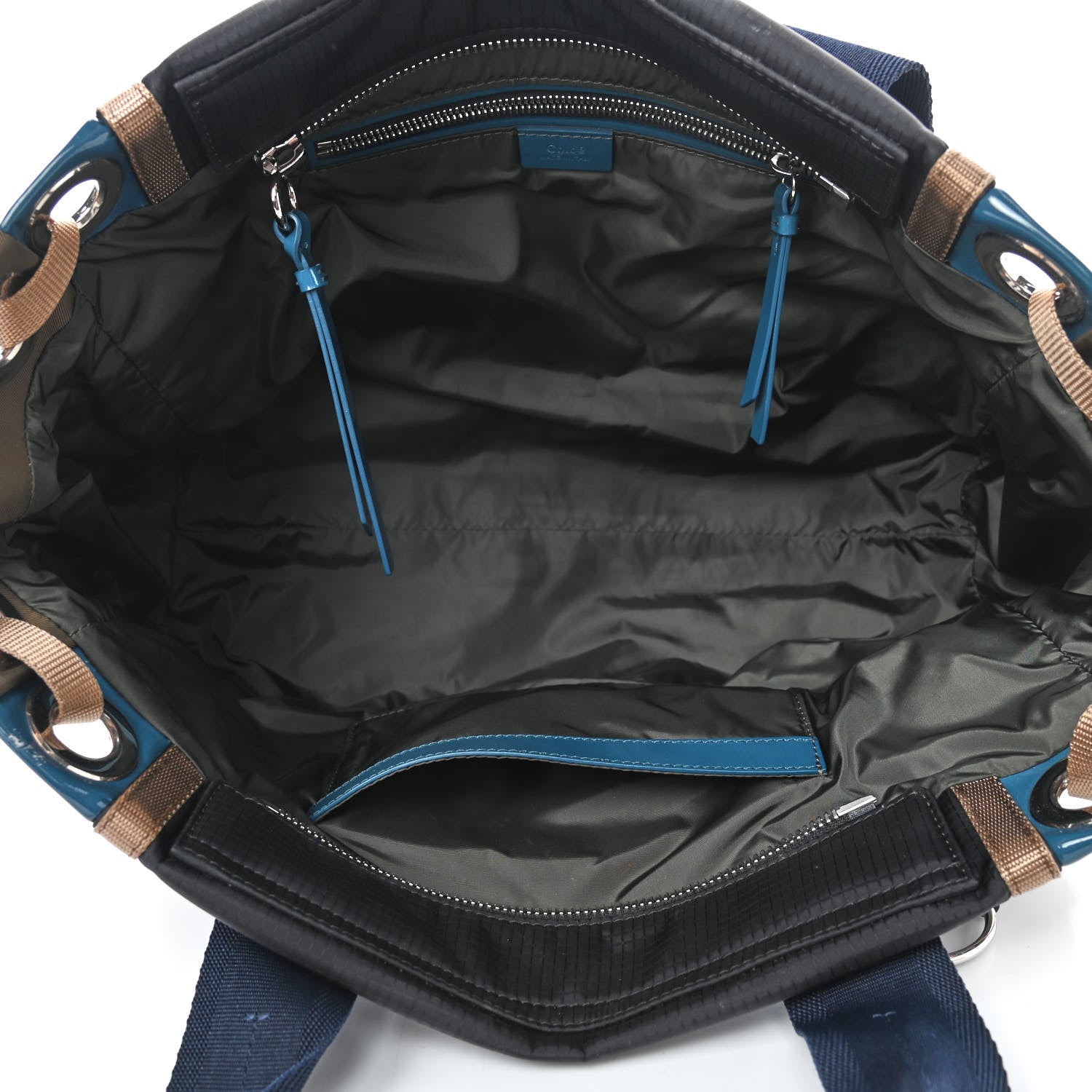 Chloe Nylon Canvas Glossy Lambskin Medium Tao Zipped Tote Blue Green 5 of 13