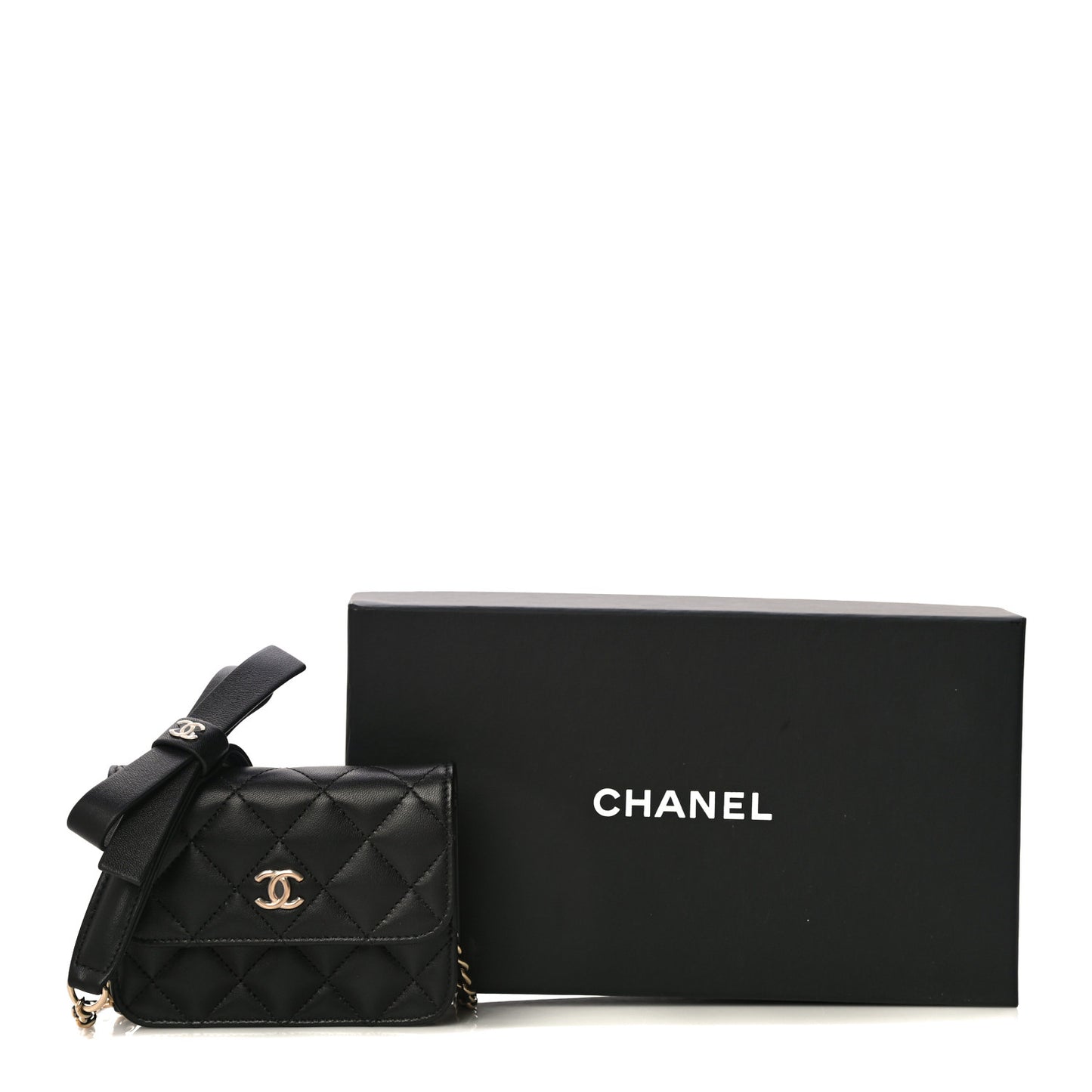 Lambskin Quilted Coco Bow Clutch With Chain Black