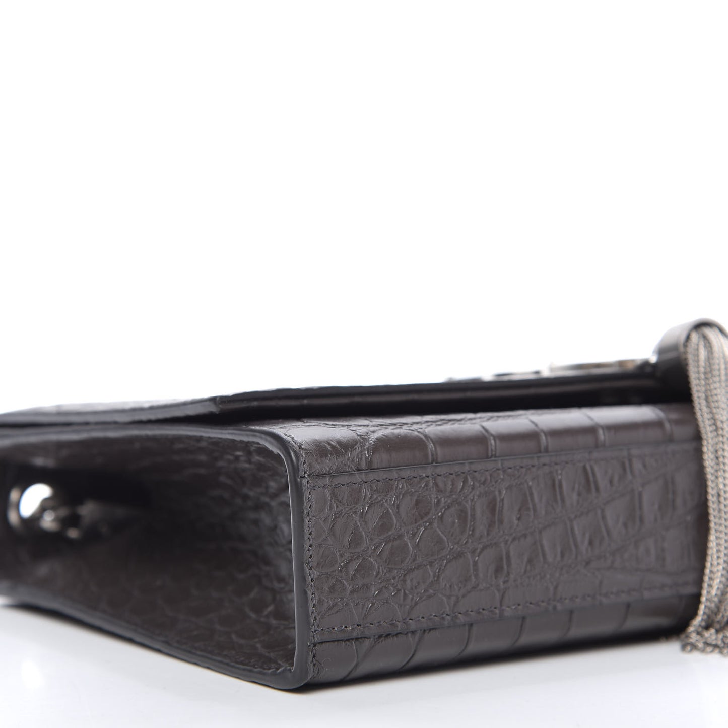 Calfskin Crocodile Embossed Medium Classic Monogram Kate Tassel Satchel Earth Grey