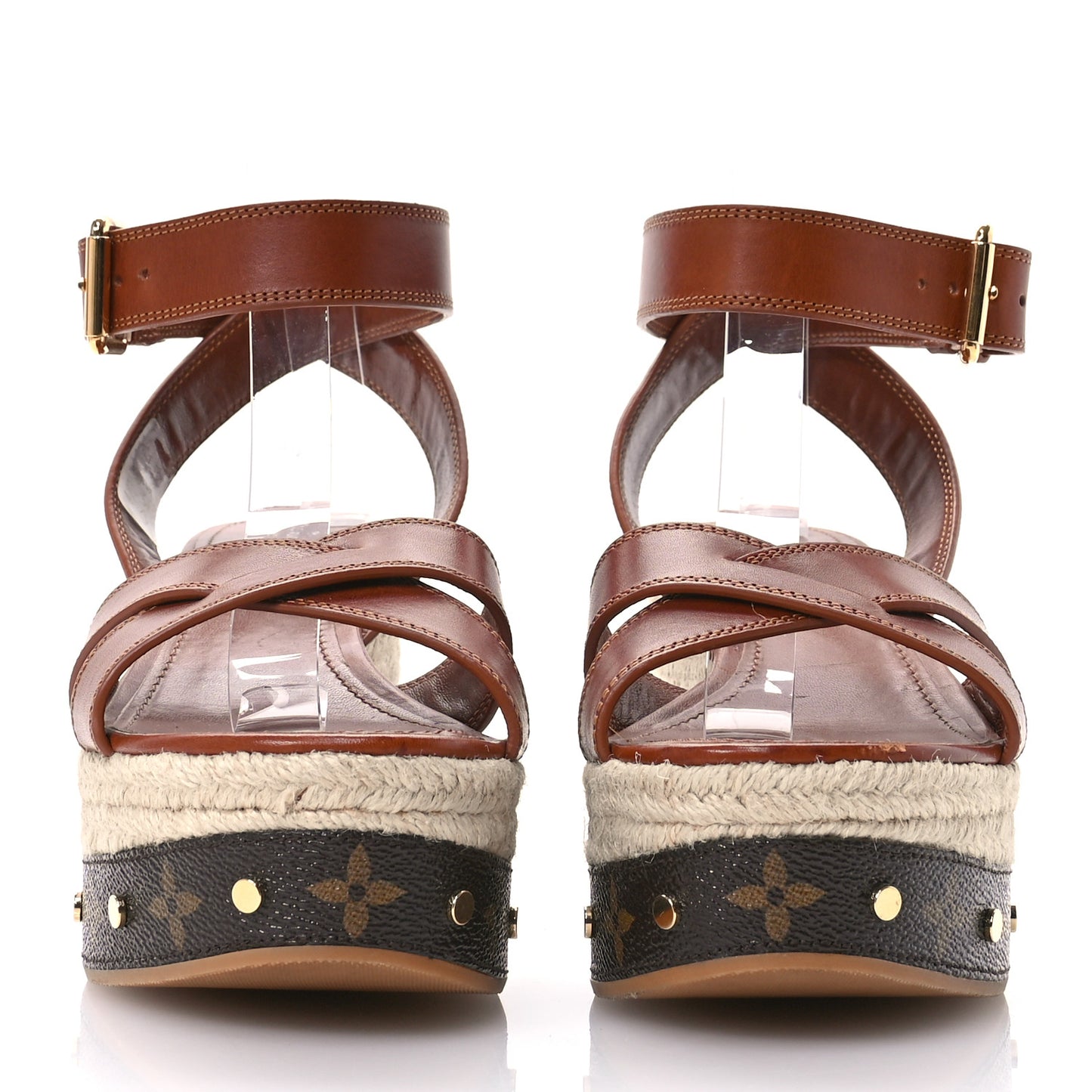 Calfskin Studded Espadrille Wedge Sandals 41 Cognac