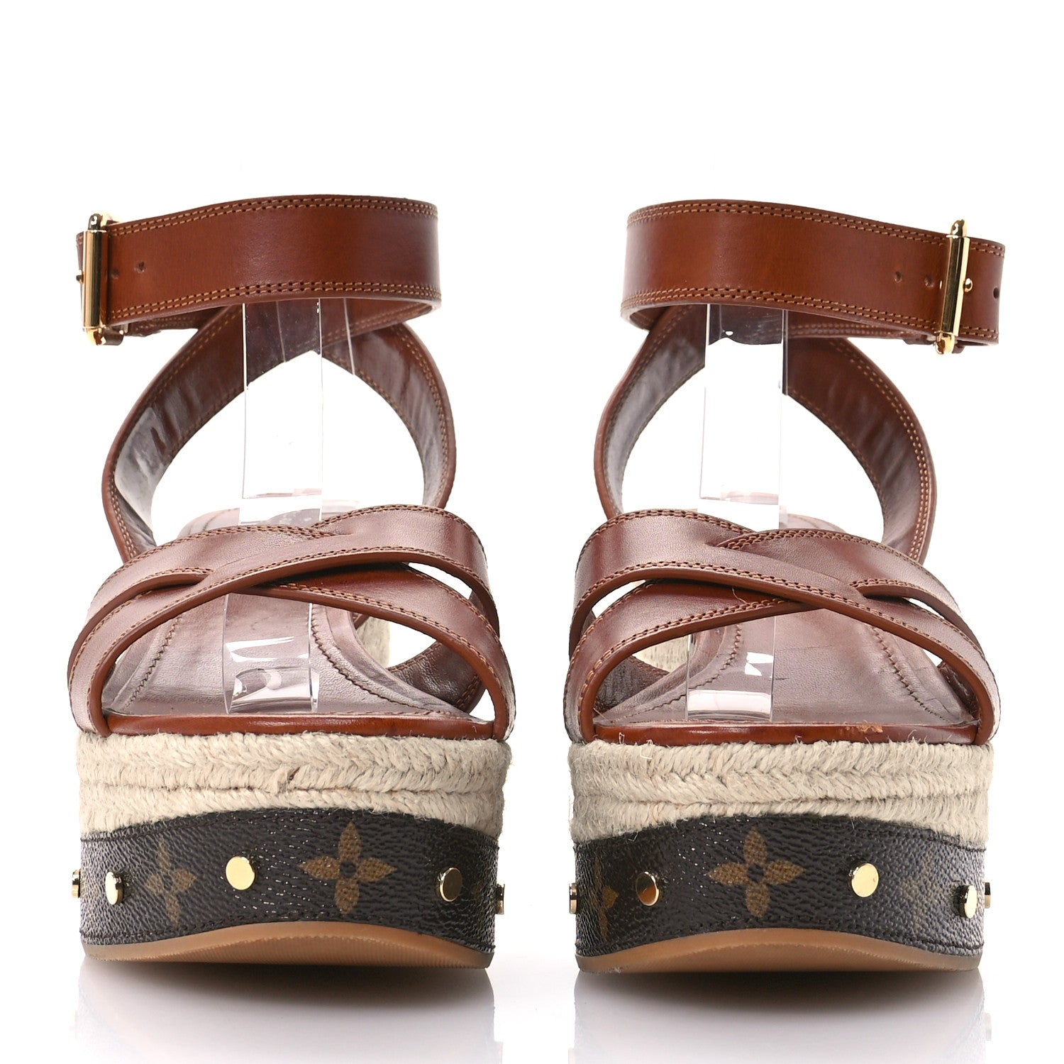 Louis Vuitton Calfskin Studded Espadrille Wedge Sandals 41 Cognac 3 of 10