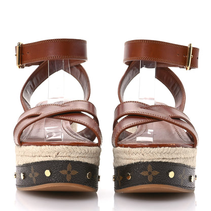 Louis Vuitton Calfskin Studded Espadrille Wedge Sandals 41 Cognac 3 of 10
