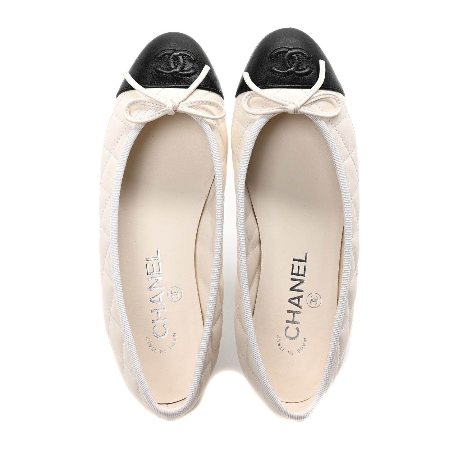 Canvas Lambskin Quilted CC Cap Toe Ballerina Flats 36 White Black