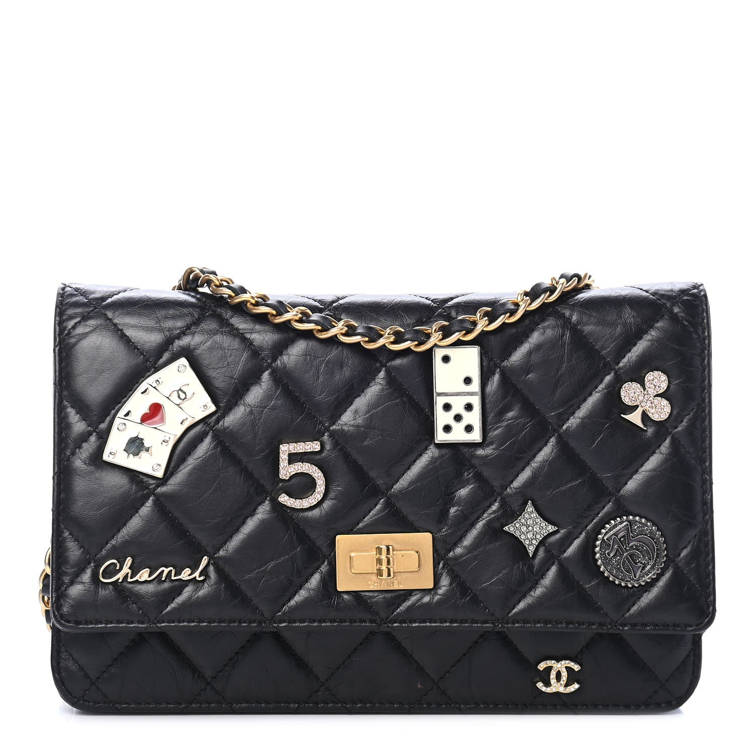 Chanel Aged Calfskin Quilted Lucky Charms Casino 2.55 Reissue Wallet On Chain WOC Black 1 of 9