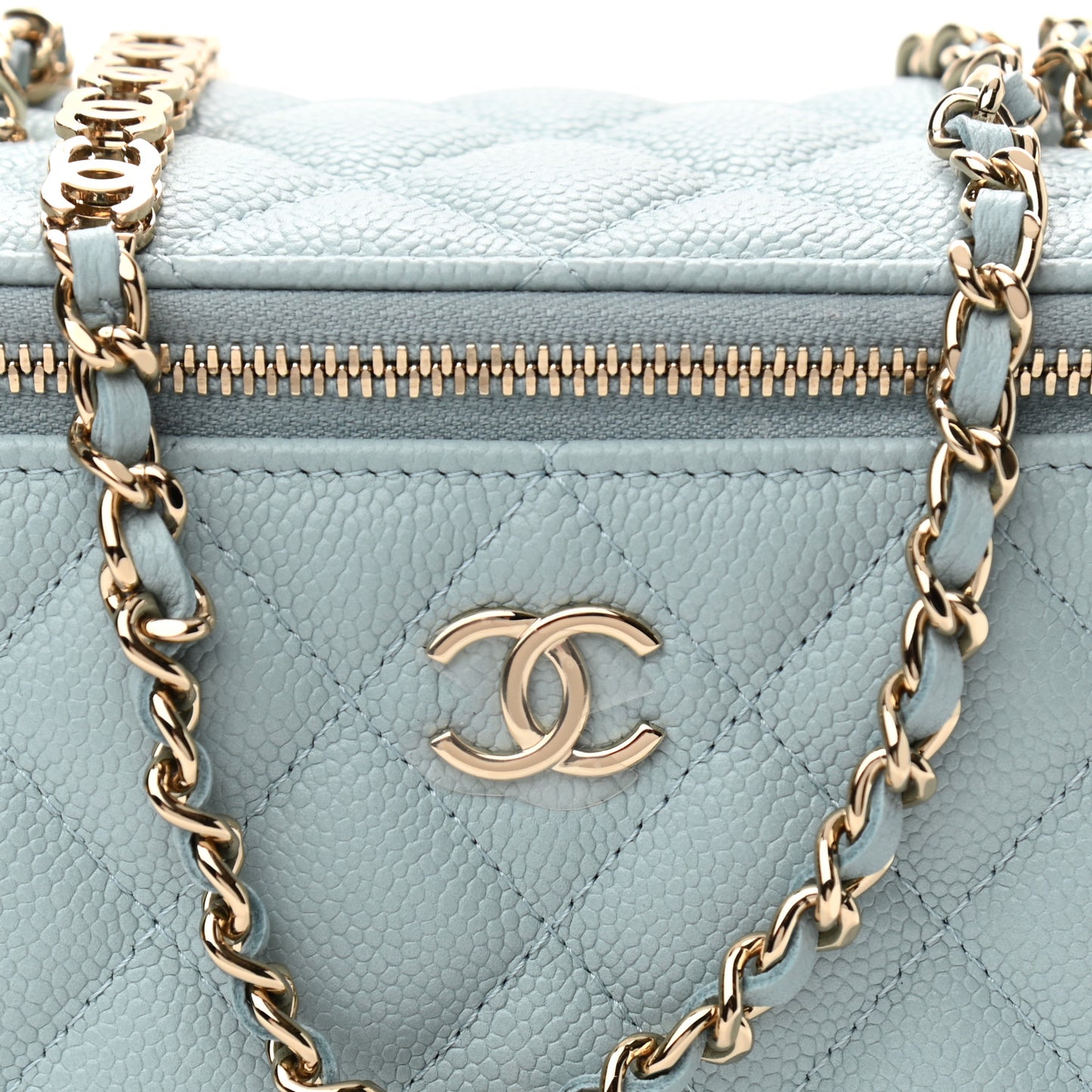 Caviar Quilted Small Tiny CC Vanity Case With Chain Light Blue