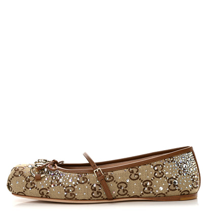 Gucci GG Monogram Crystal Horsebit Bow Ballet Flats 37 Beige Ebony Sundial 1 of 9