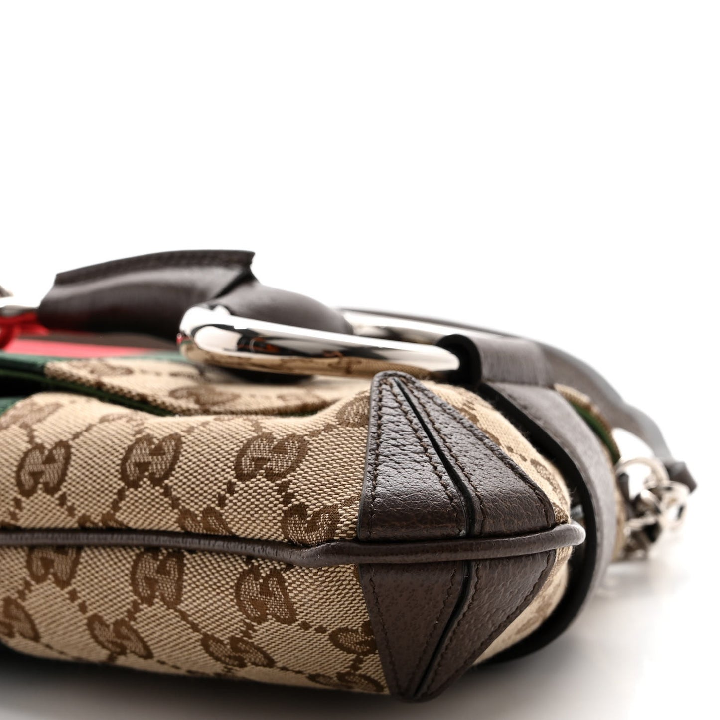 Monogram Textured Dollar Calfskin Heavy Grosgrain Web Medium Maxi Horsebit Chain Shoulder Bag Beige Ebony New Acero