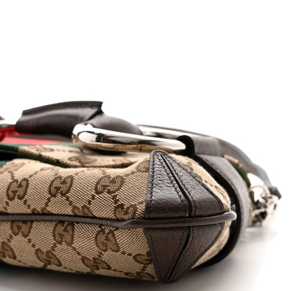 Gucci Monogram Textured Dollar Calfskin Heavy Grosgrain Web Medium Maxi Horsebit Chain Shoulder Bag Beige Ebony New Acero 9 of 9