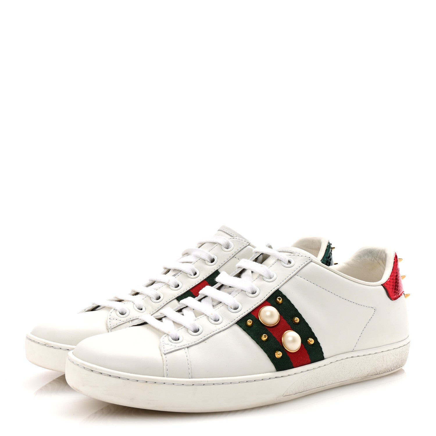 Gucci Calfskin Web Pearl Studded Womens Ace Sneakers 38.5 White 4 of 10