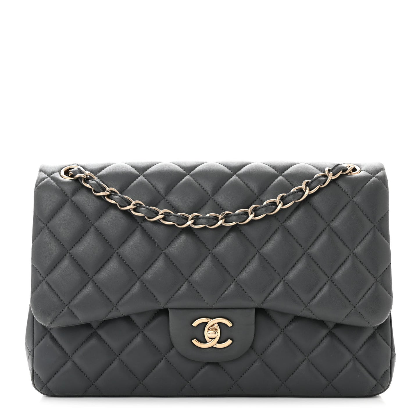Lambskin Quilted Jumbo Double Flap Charcoal Grey
