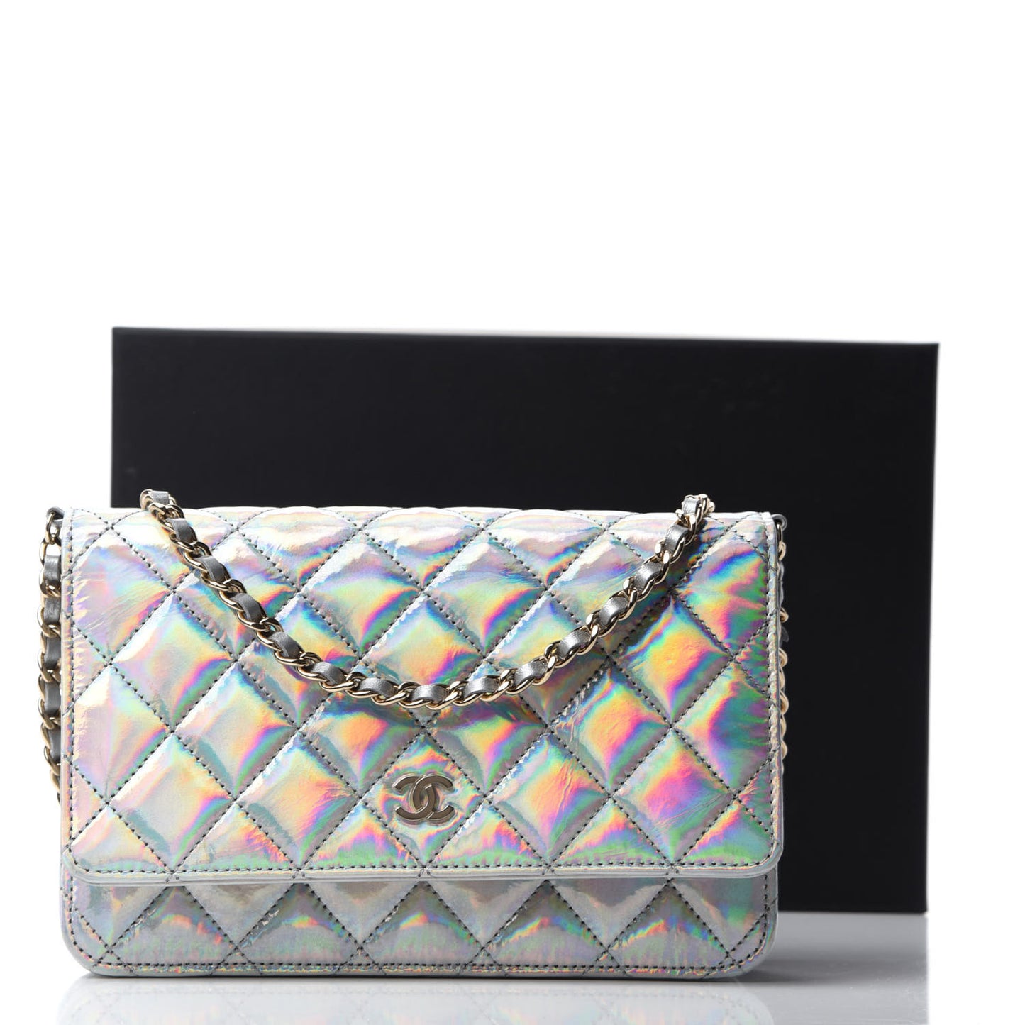 Iridescent Goatskin Quilted Wallet On Chain WOC Silver