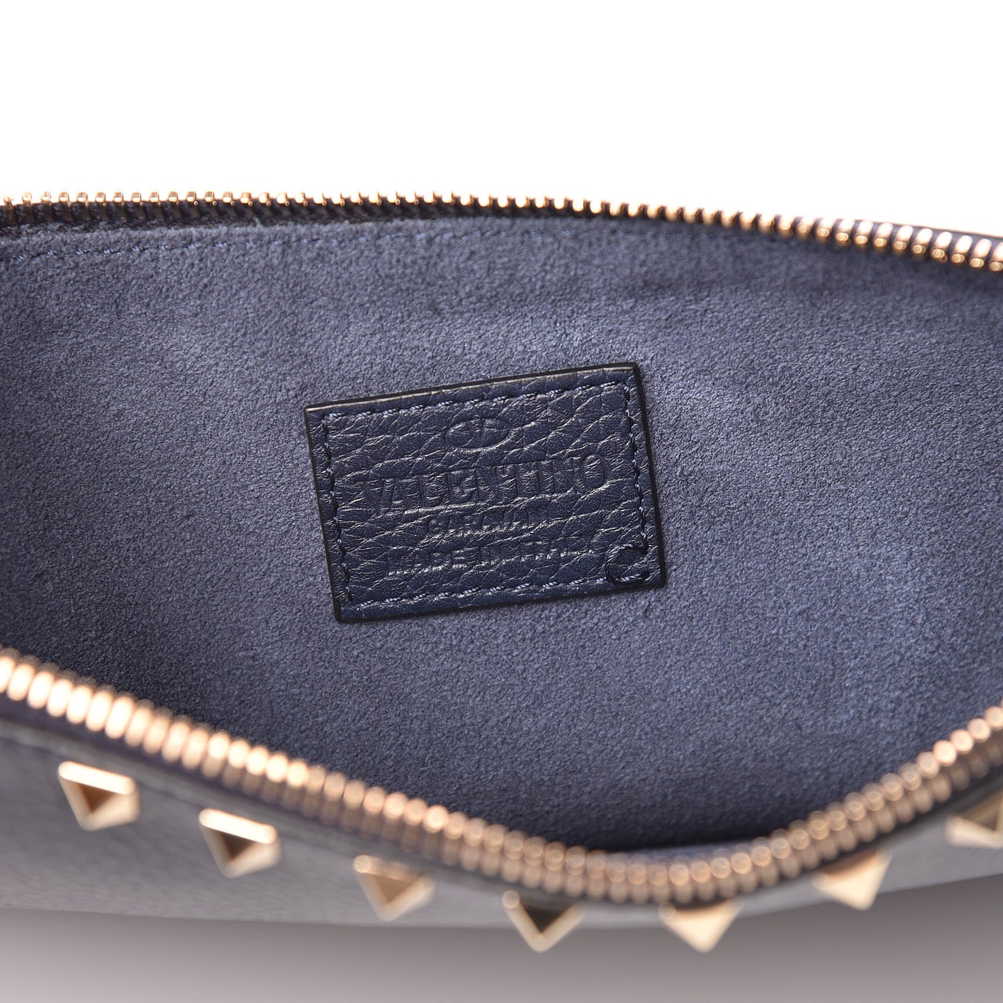 Grained Calfskin Large Rockstud Zip Pouch Marine
