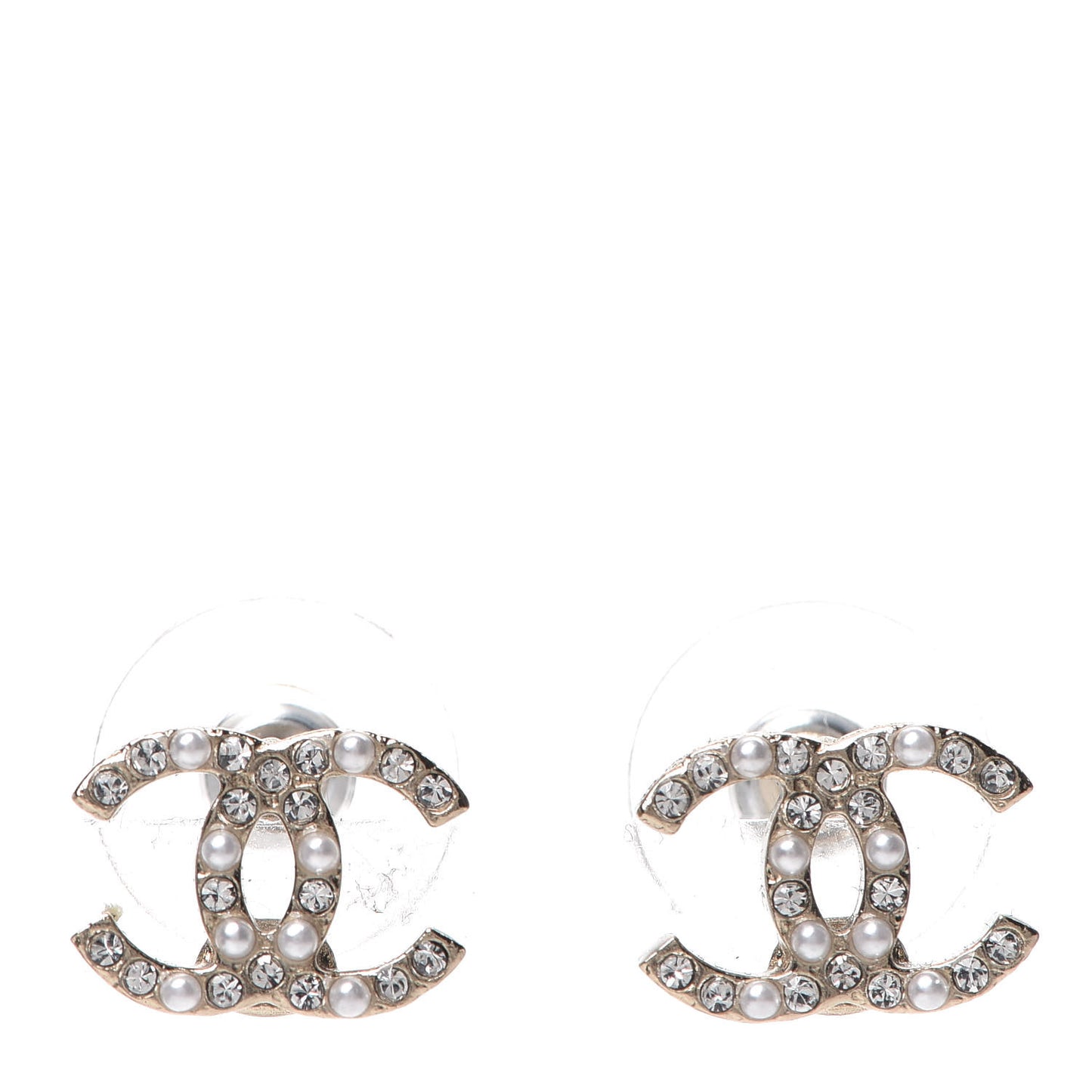 Pearl Crystal CC Charms Stud Earrings Light Gold