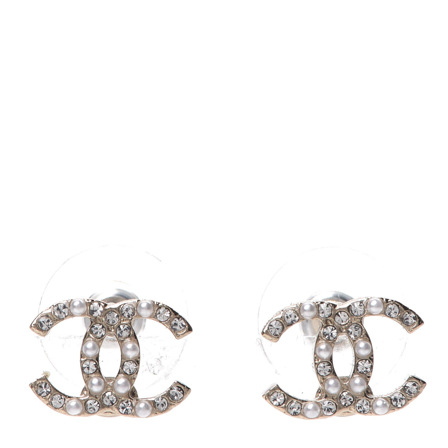 Chanel Pearl Crystal CC Charms Stud Earrings Light Gold 1 of 5