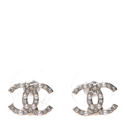 Chanel Pearl Crystal CC Charms Stud Earrings Light Gold 1 of 5
