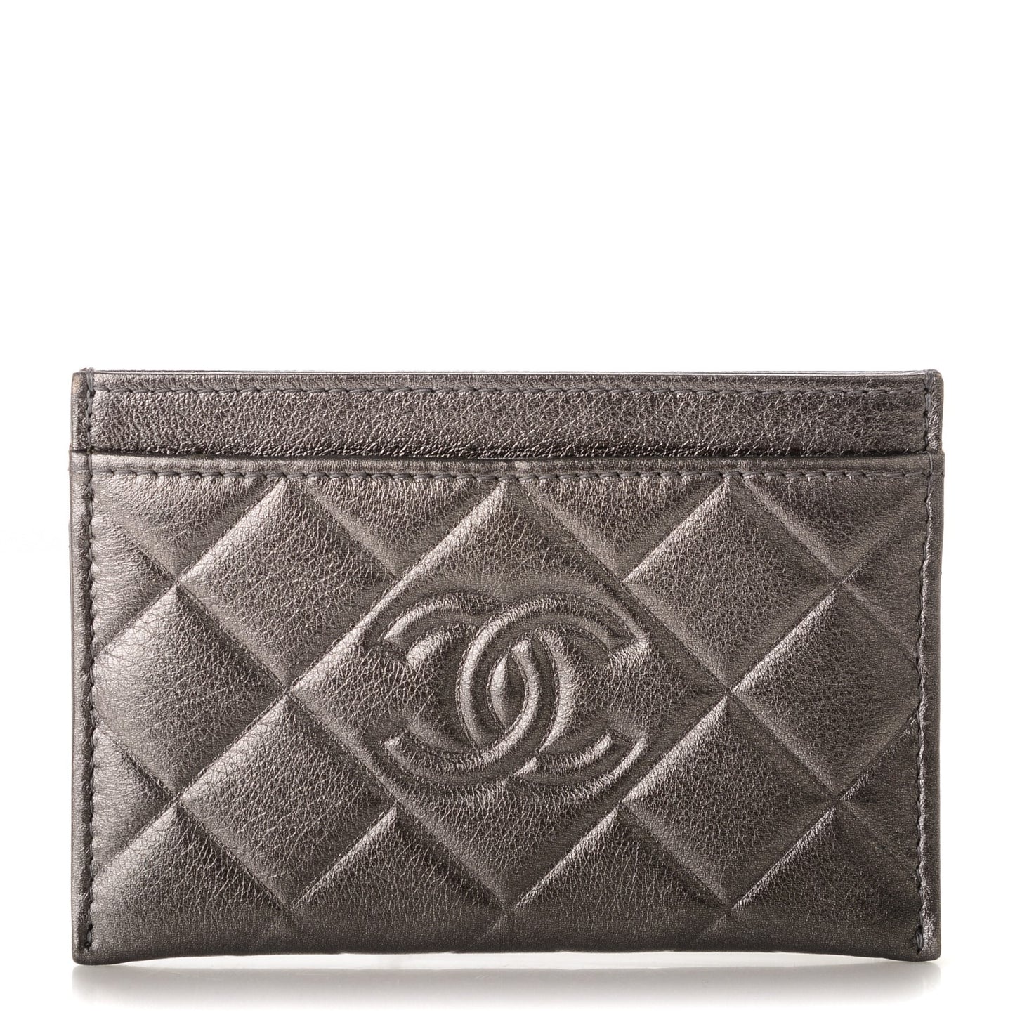 Metallic Calfskin Quilted Diamond CC Card Holder Pewter