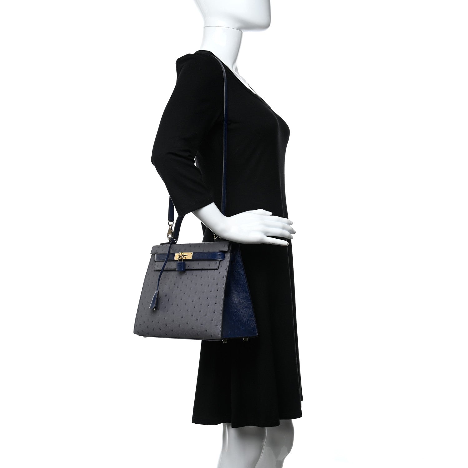 Hermes Ostrich Horseshoe Kelly Sellier 28 Gris Agate Bleu Iris 3 of 9