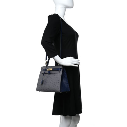 Hermes Ostrich Horseshoe Kelly Sellier 28 Gris Agate Bleu Iris 3 of 9