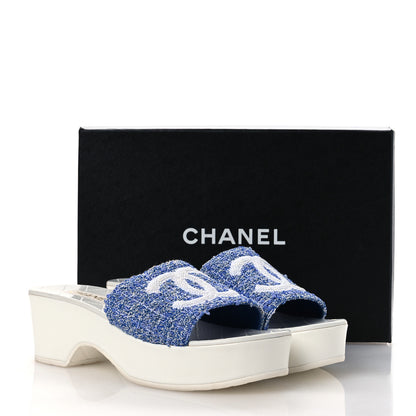 Chanel Tweed Sequin Patent Calfskin CC Mule Sandals 41 Blue White 12 of 12