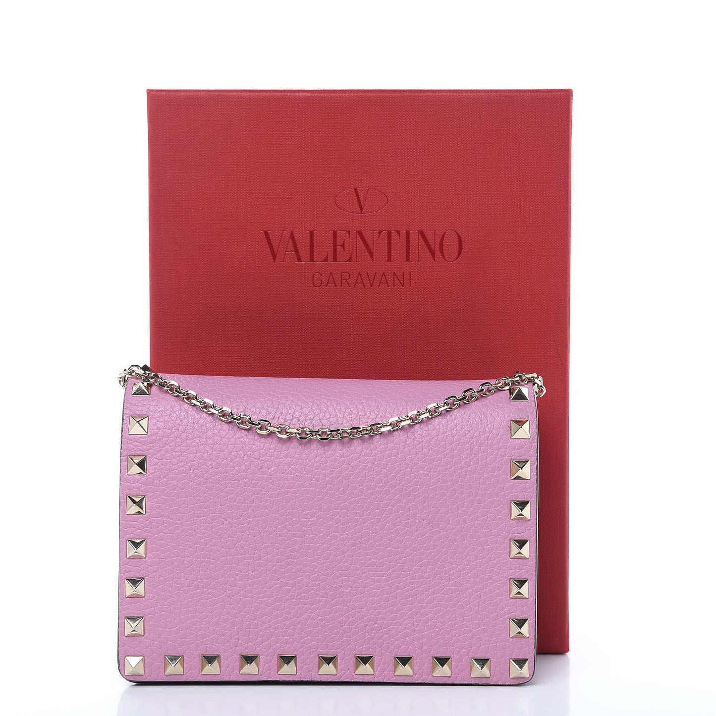 Grained Calfskin Rockstud Wallet on Chain Pink